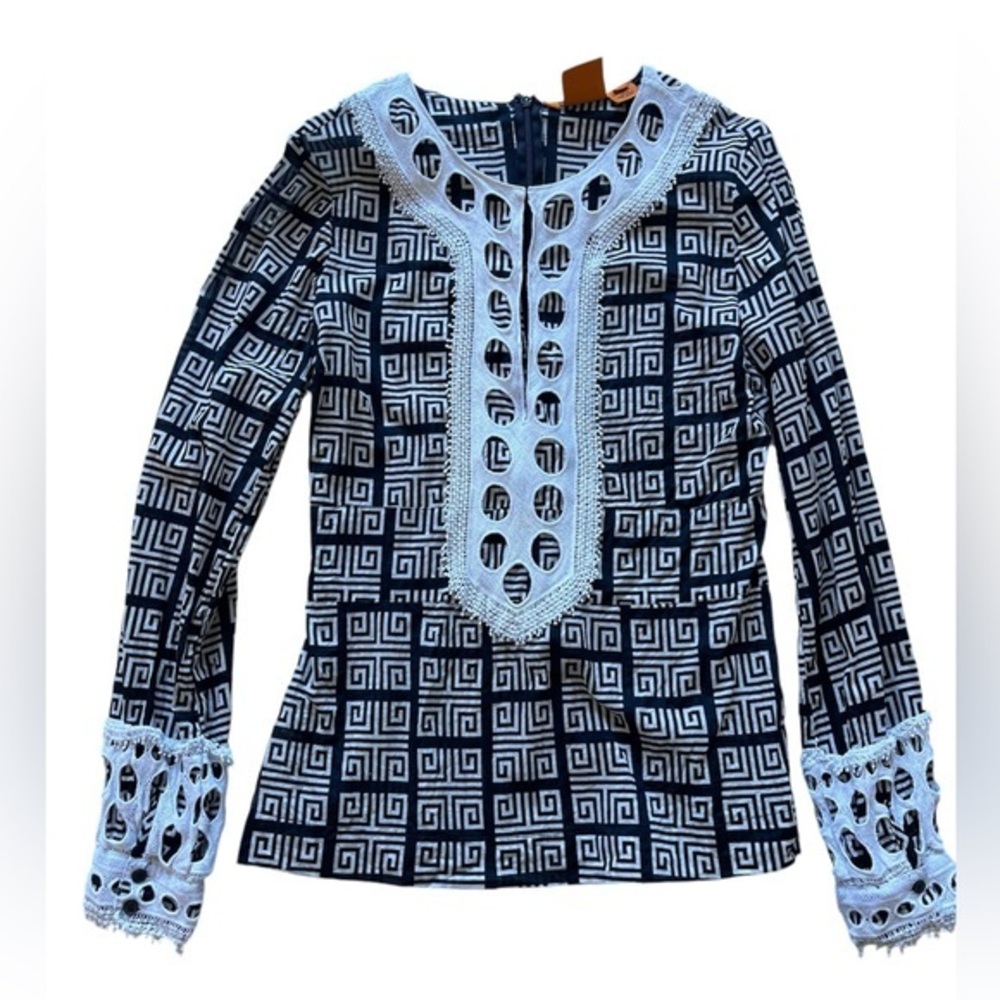 Tory Burch Navy and White Geometric Lace-Trim Blouse